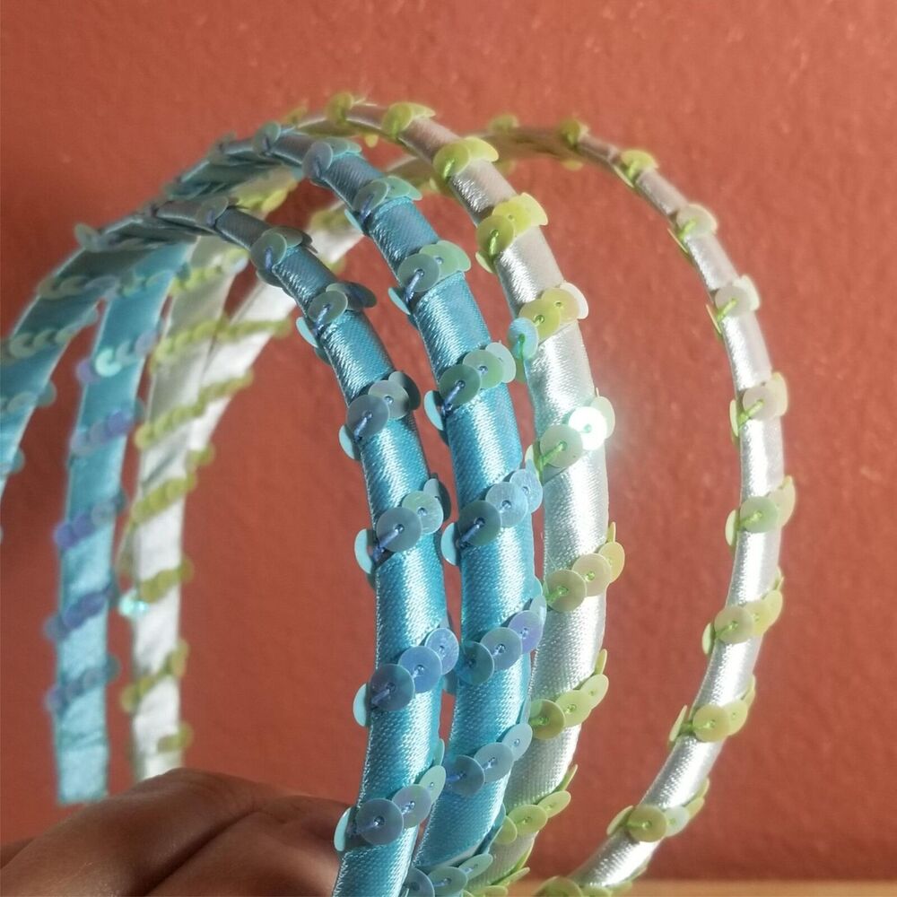 Girls Headbands Lot 4 Pcs 1/2" Wide Sequin Hairbands 2 Blue and 2 Green